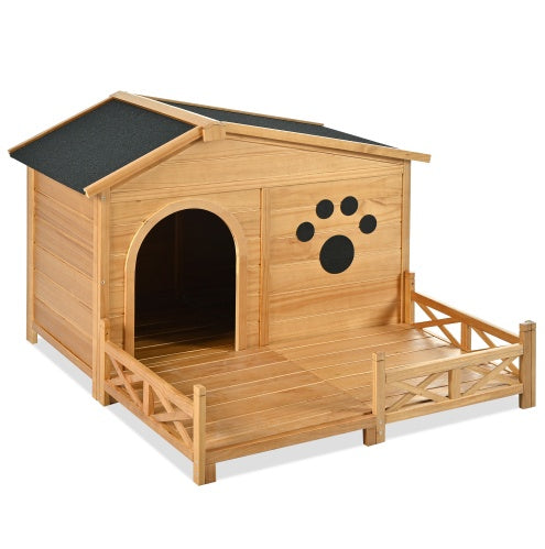 48" Wooden Outdoor Dog House with Porch & Waterproof Roof – Cozy Medium Pet Kennel with Fence