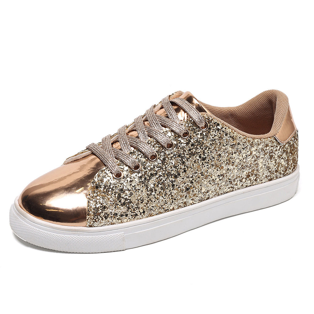 Women’s Plus Size Sequined Lace-Up Sneakers – Shiny Casual Solid Color Board Shoes