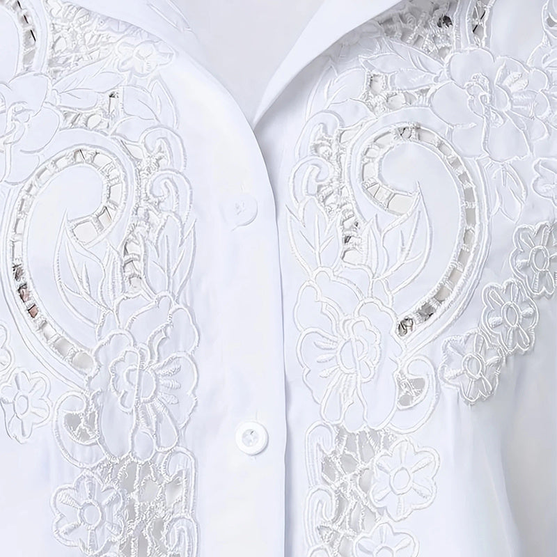 Women’s Contrast Lace Button-Down Blouse – Long Sleeve Fall Fashion Top