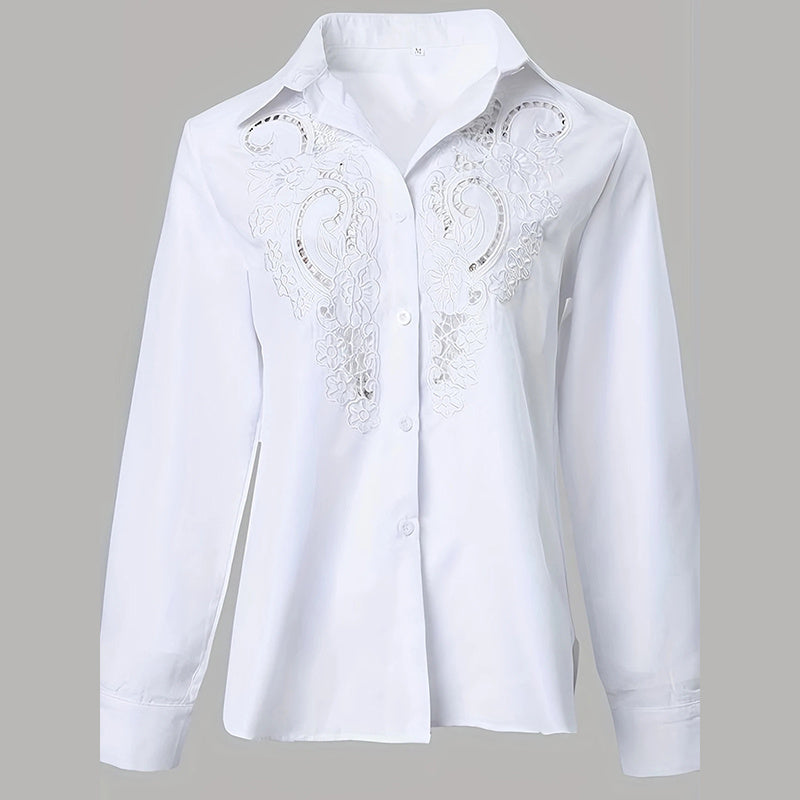 Women’s Contrast Lace Button-Down Blouse – Long Sleeve Fall Fashion Top