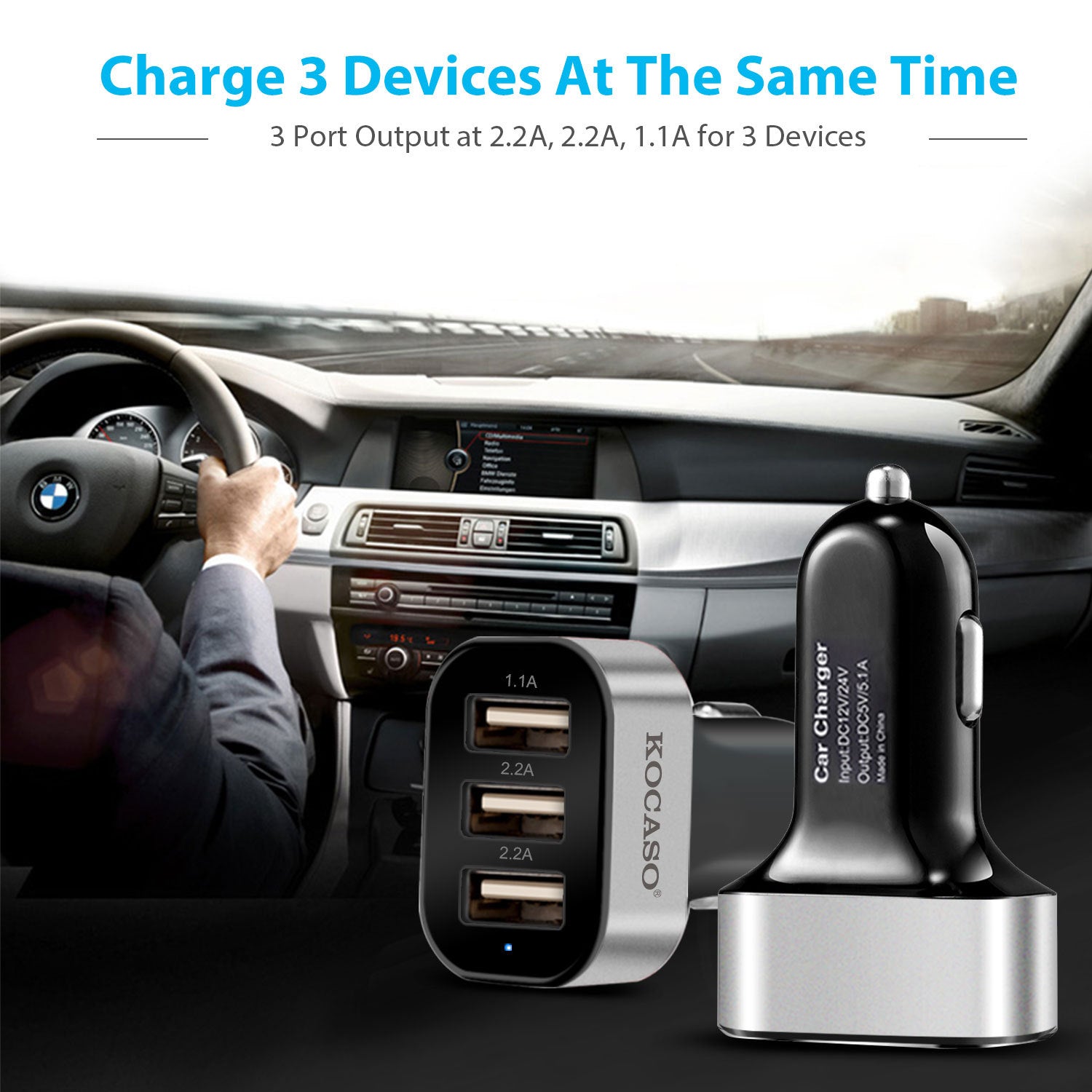 TurboDrive 30W 3-Port USB Car Charger for iPhone & Android