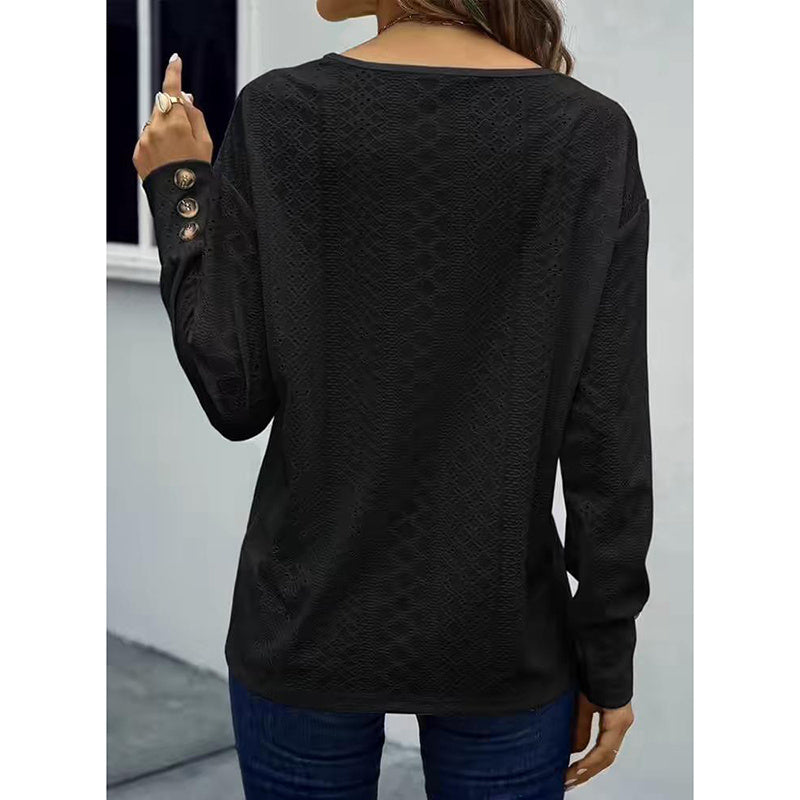 Women’s Eyelet Long Sleeve V-Neck Top – Casual Loose Fall Blouse