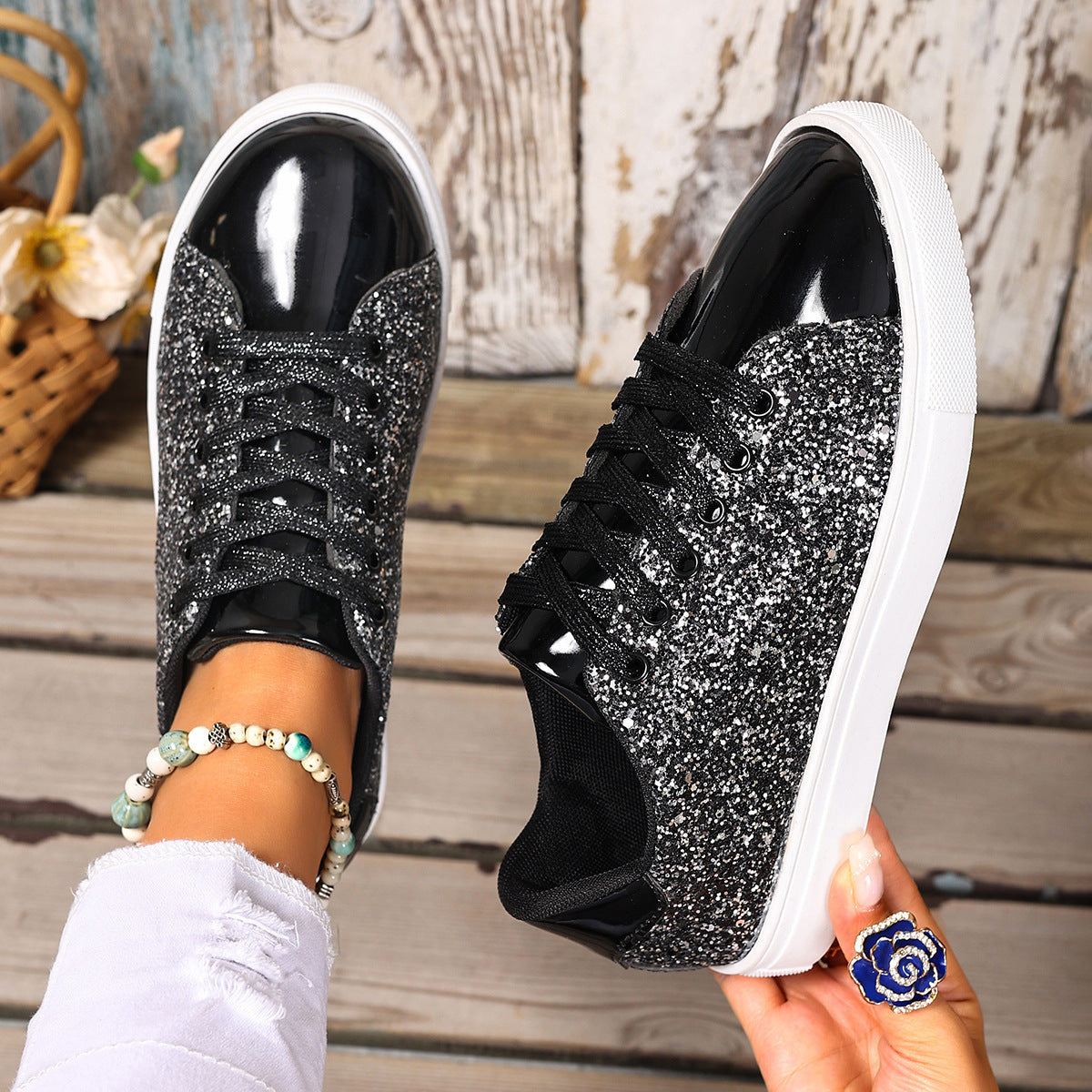 Women’s Plus Size Sequined Lace-Up Sneakers – Shiny Casual Solid Color Board Shoes