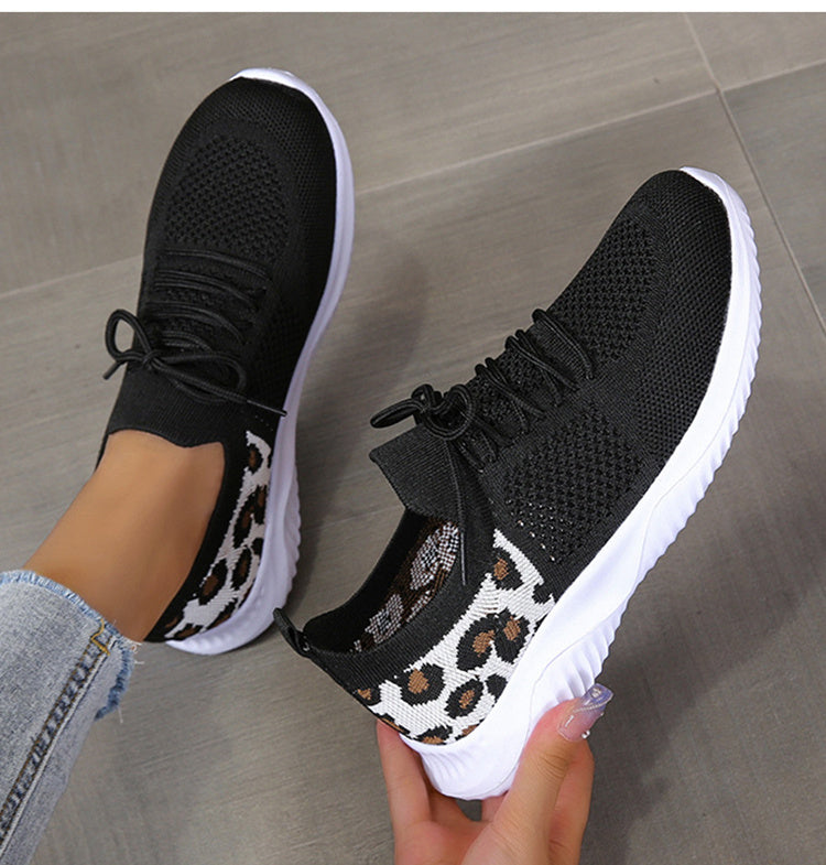 Women’s White Leopard Print Lace-Up Sneakers – Trendy Casual Sports Shoes