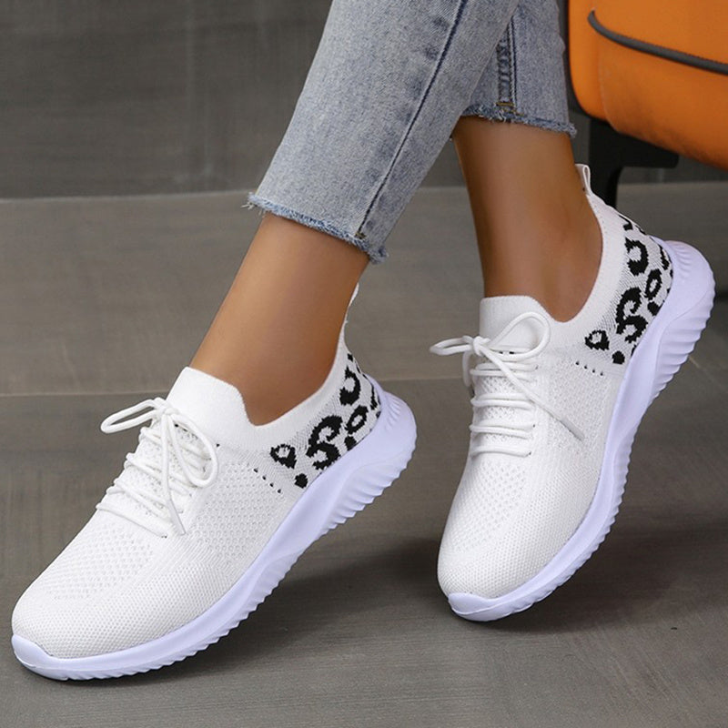 Women’s White Leopard Print Lace-Up Sneakers – Trendy Casual Sports Shoes