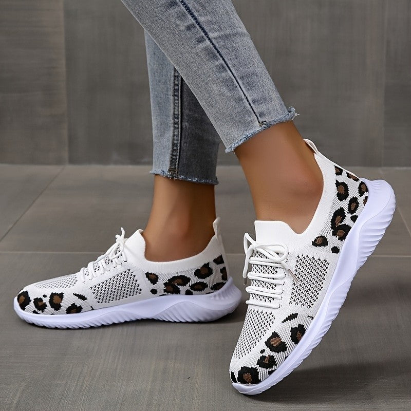 Women’s White Leopard Print Lace-Up Sneakers – Trendy Casual Sports Shoes