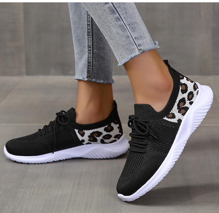 Women’s White Leopard Print Lace-Up Sneakers – Trendy Casual Sports Shoes