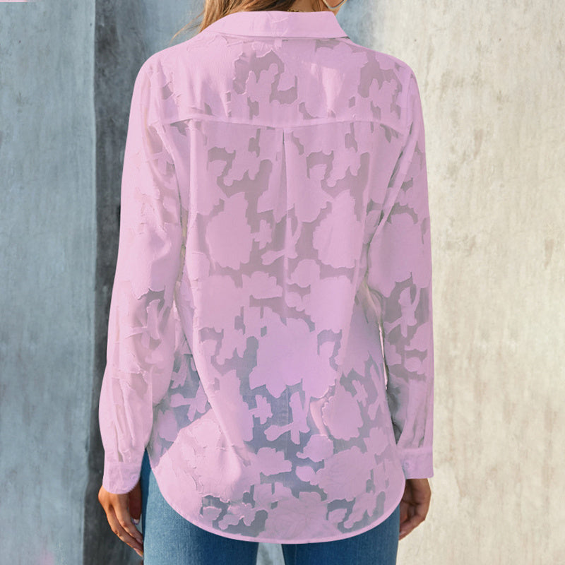 Women’s Sheer Jacquard Button-Down Shirt – V-Neck Long Sleeve Blouse