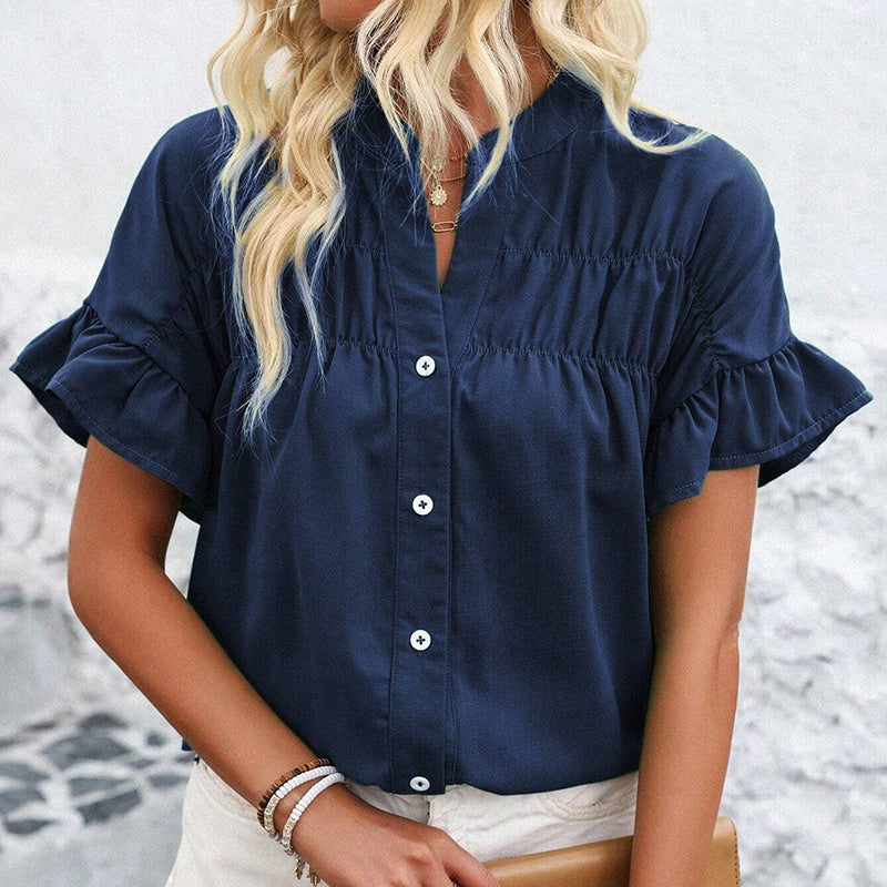 Women’s Ruffle Sleeve Summer Button-Down Blouse – Dressy V-Neck Work Top