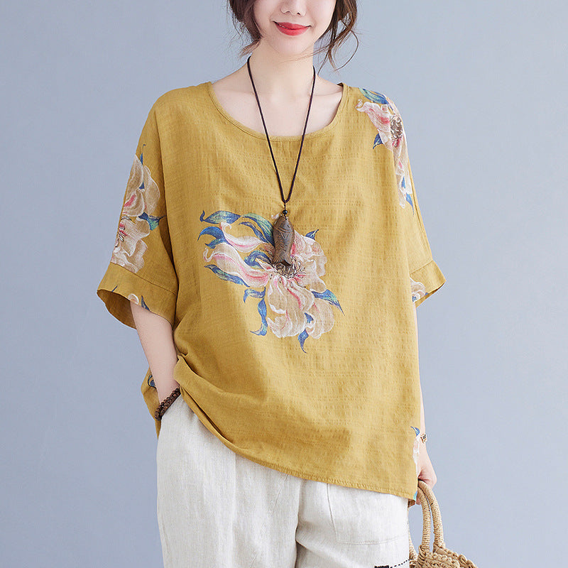 Korean Cotton Linen Half-Sleeve Summer Top
