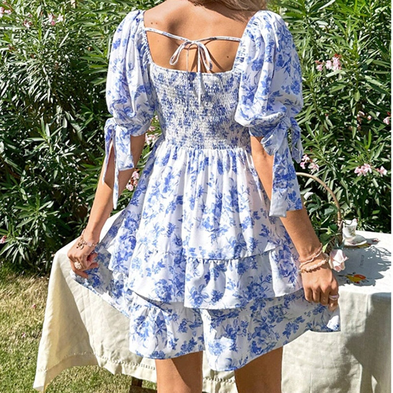 Women’s Puff Sleeve Floral Mini Dress – Square Neck Smocked Boho Ruffle Dress