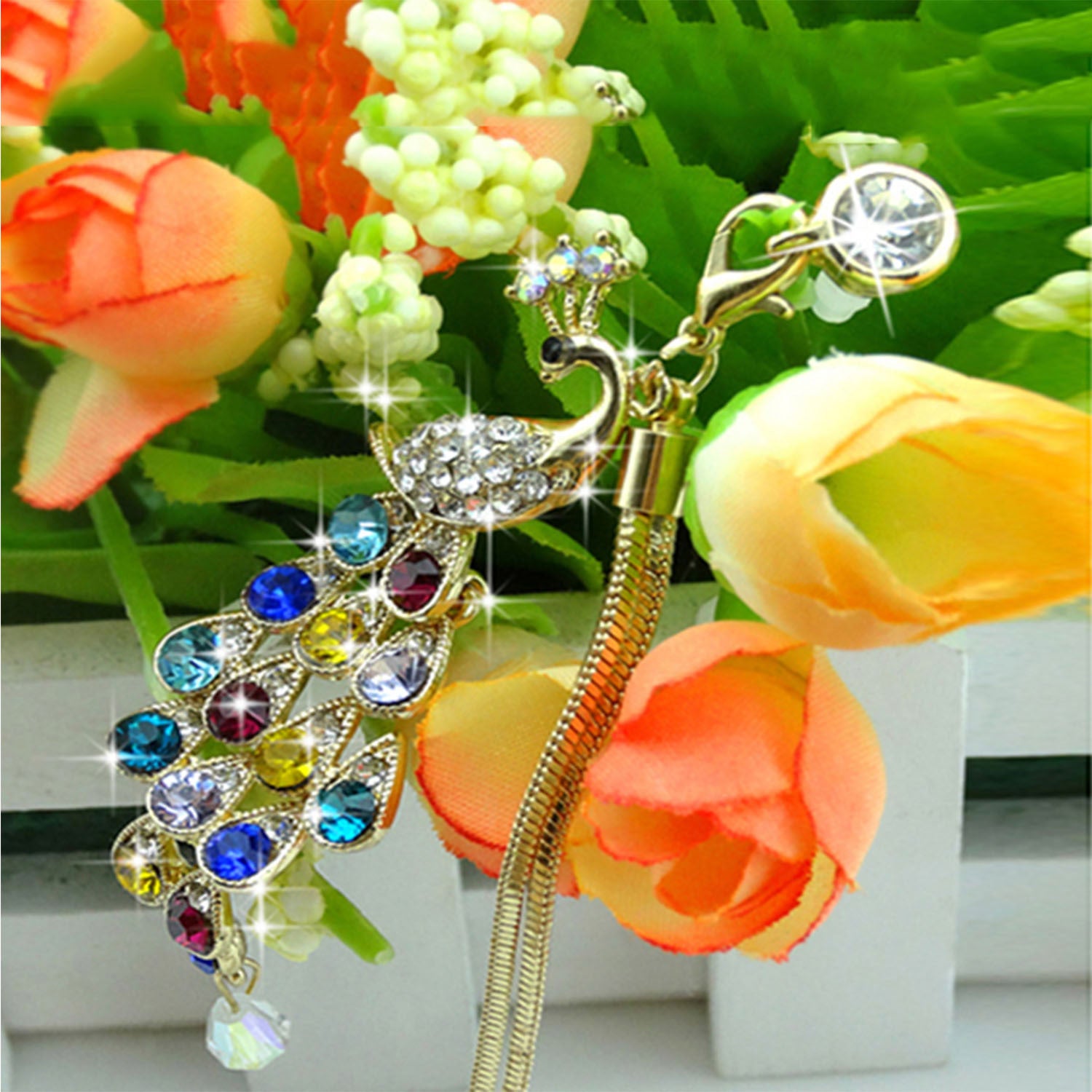 GlamPea Crystal Diamond Peacock Dust Cap Pendant for 3.5mm Phones