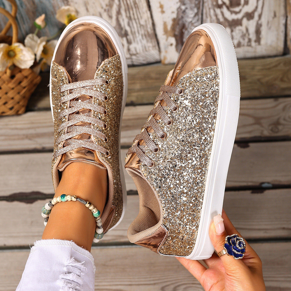 Women’s Plus Size Sequined Lace-Up Sneakers – Shiny Casual Solid Color Board Shoes