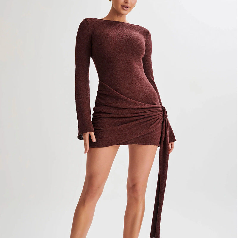 Women’s Long Sleeve Y2K Mini Dress – Sexy V-Shaped Backless Slim Fit
