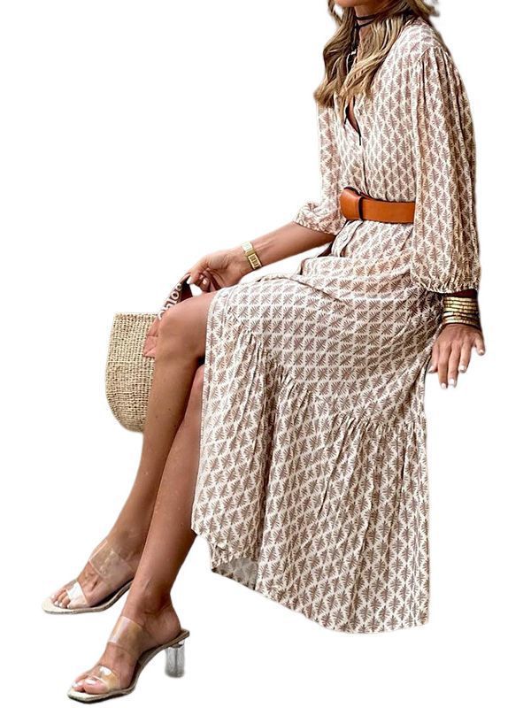 Women’s Printed V-Neck Puff Sleeve Dress – Elegant Temperament Floral Midi Dress