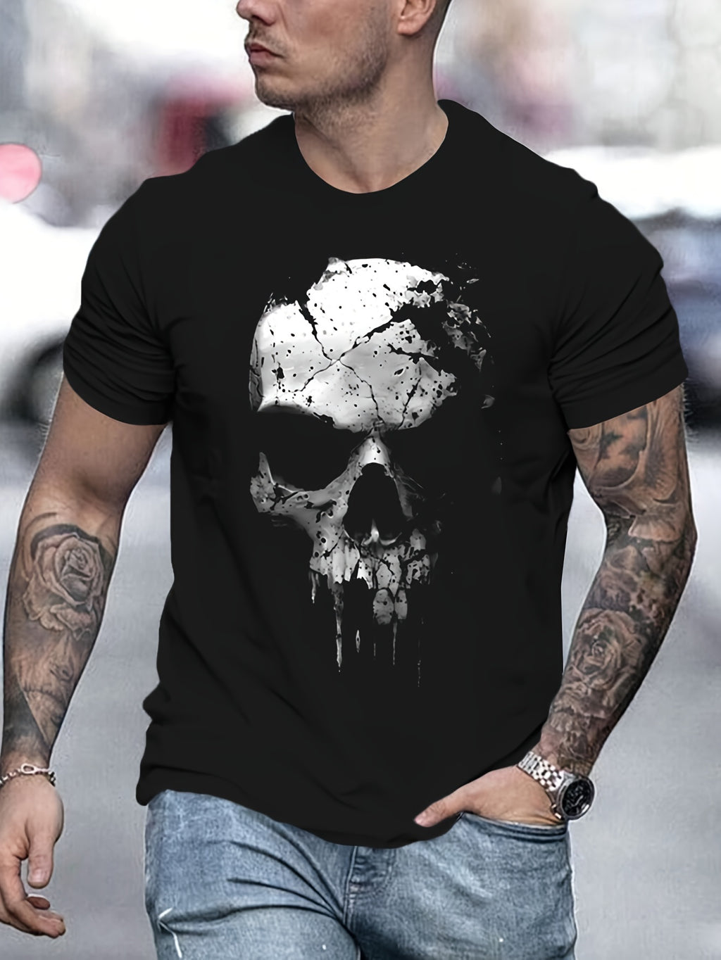Featuring A 3D Digital Shattered Skull Pattern And A Round Neck Short Sleeved T-shirt