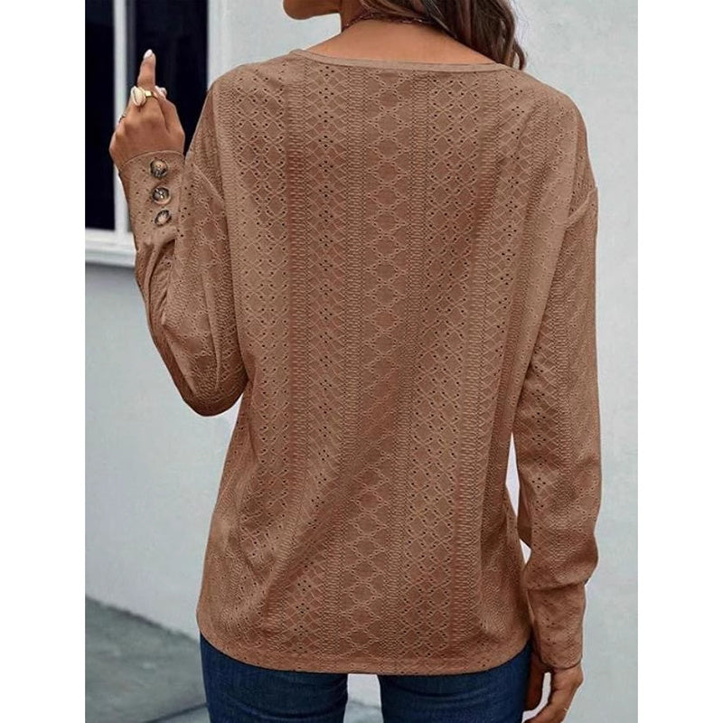 Women’s Eyelet Long Sleeve V-Neck Top – Casual Loose Fall Blouse