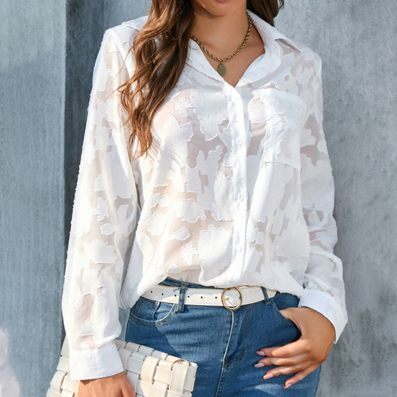 Women’s Sheer Jacquard Button-Down Shirt – V-Neck Long Sleeve Blouse