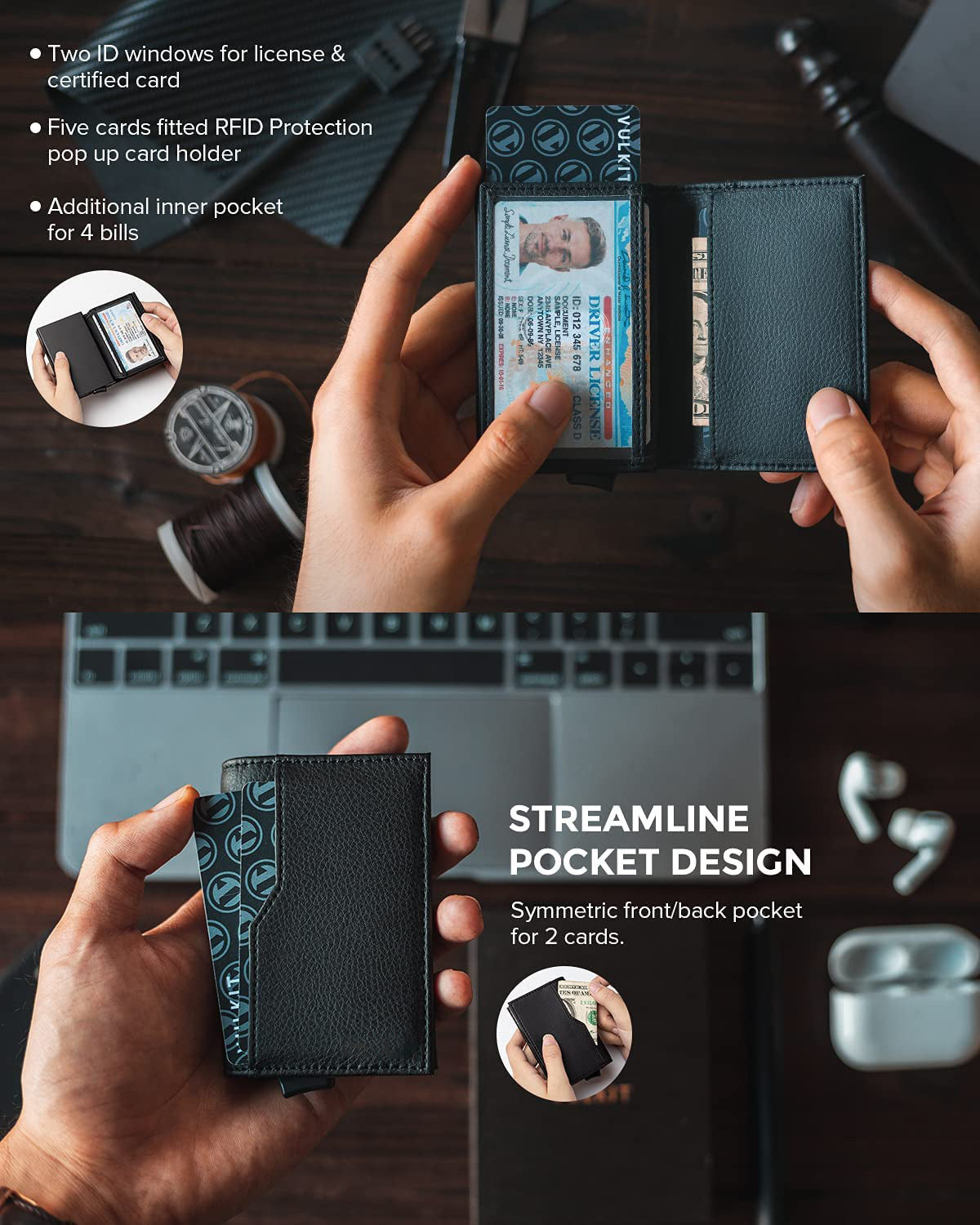 Automatic Leather Credit Card Case with Dual ID Window