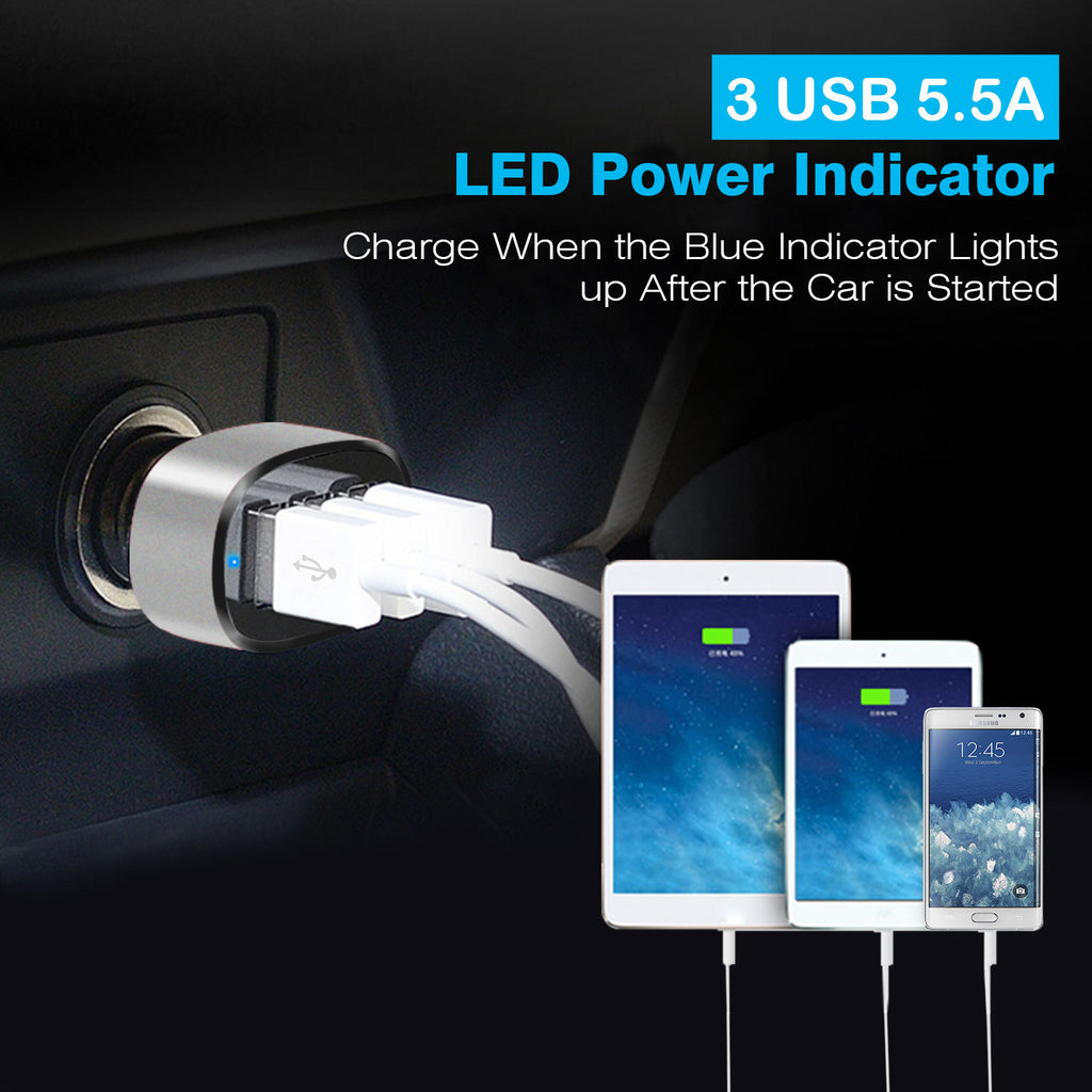 TurboDrive 30W 3-Port USB Car Charger for iPhone & Android