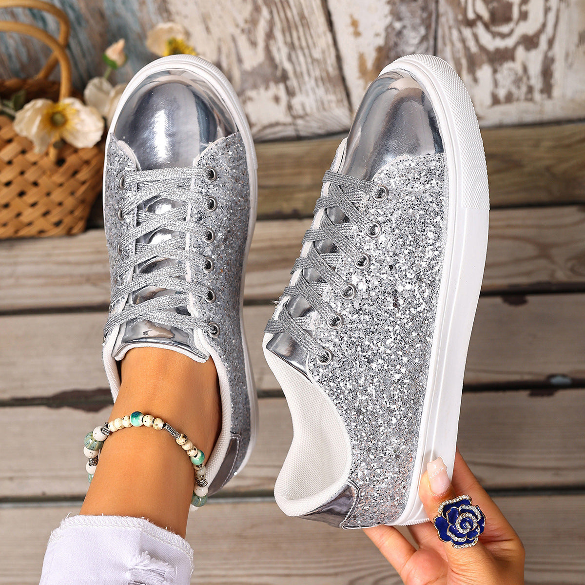 Women’s Plus Size Sequined Lace-Up Sneakers – Shiny Casual Solid Color Board Shoes
