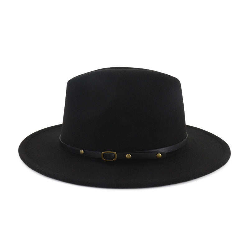 Woolen Top Color Matching Flat Brim Fedora Jazz Hat