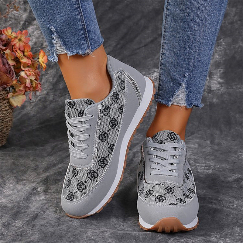 Women’s Flower Print Lace-Up Sneakers – Lightweight Breathable Casual Running Shoes
