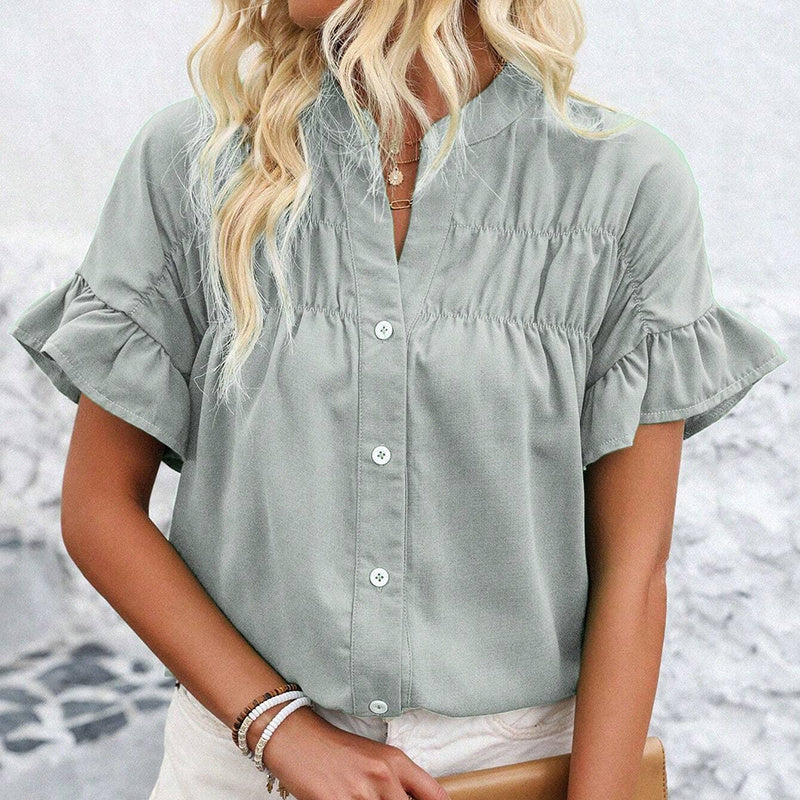 Women’s Ruffle Sleeve Summer Button-Down Blouse – Dressy V-Neck Work Top