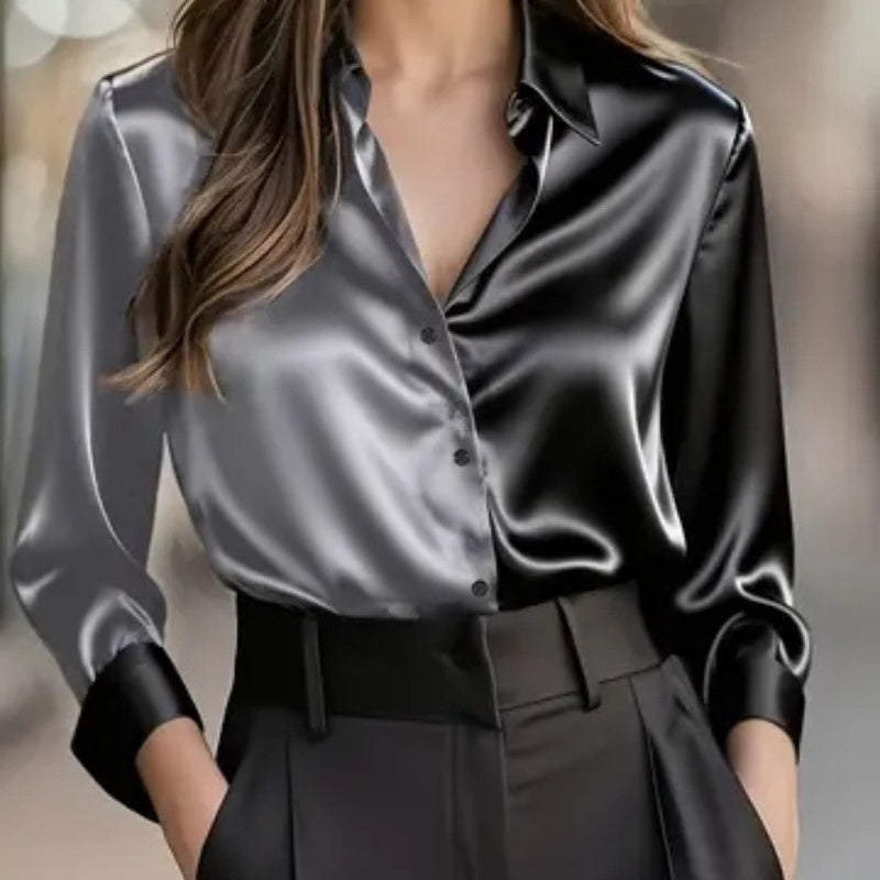 Women’s Colorblock Button-Down Blouse – Long Sleeve Collared Top